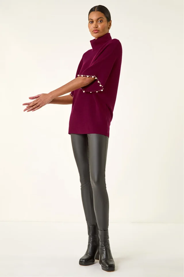 Roman Maroon Faux Pearl Embellished Knit Jumper