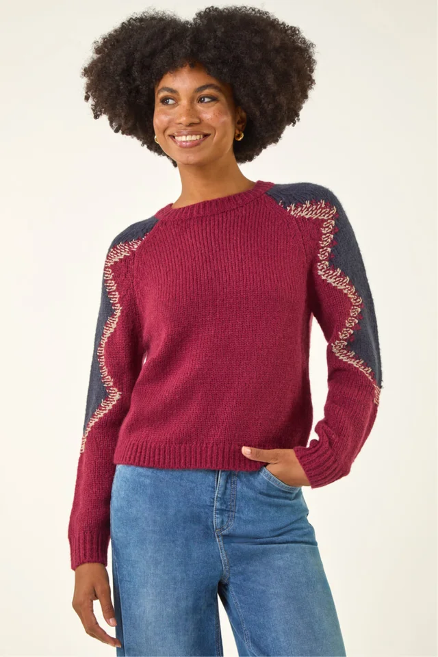 Roman Burgundy Colour Block Soft Knit Jumper