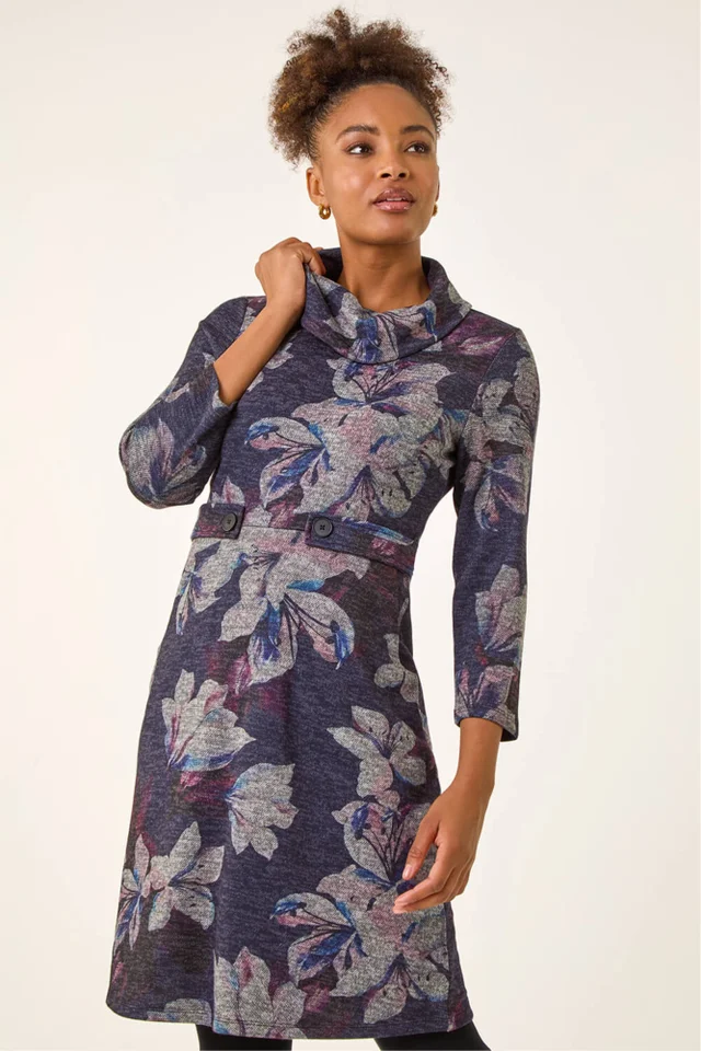 Roman Purple Floral Cowl Neck Tab Dress