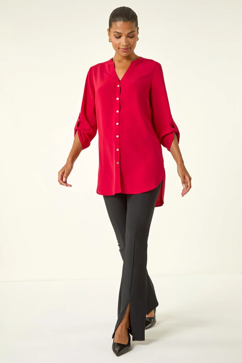 Roman Red Notch Neck Longline Blouse - Size 14 Image 2
