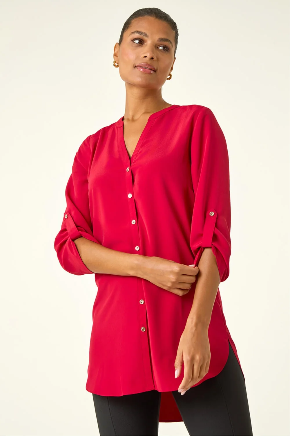 Roman Red Notch Neck Longline Blouse - Size 14 Image 1