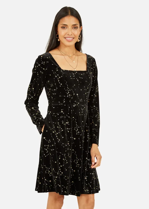 Yumi Black Star Foil Print Long Sleeve Skater Dress - 18 Image 1
