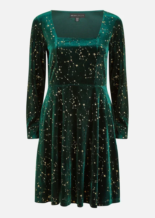 Yumi Green Star Foil Print Long Sleeve Skater Dress - 14 Image 4