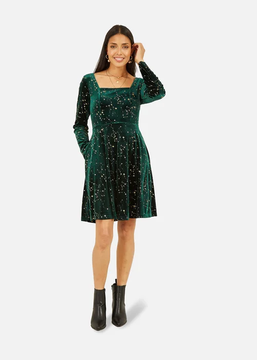 Yumi Green Star Foil Print Long Sleeve Skater Dress - 14 Image 2