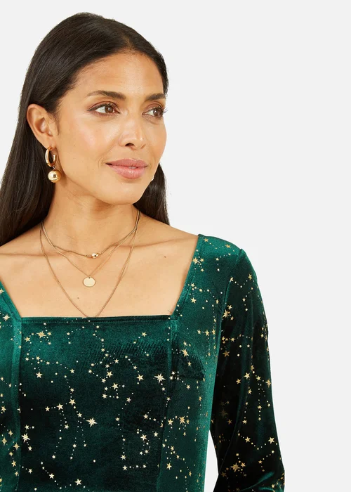 Yumi Green Star Foil Print Long Sleeve Skater Dress - 14 Image 3