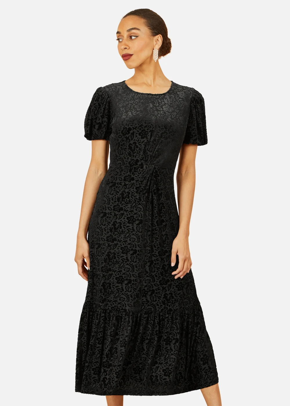 Yumi Black Floral Velour Velvet Twist Waist Midi Dress - 14 Image 1