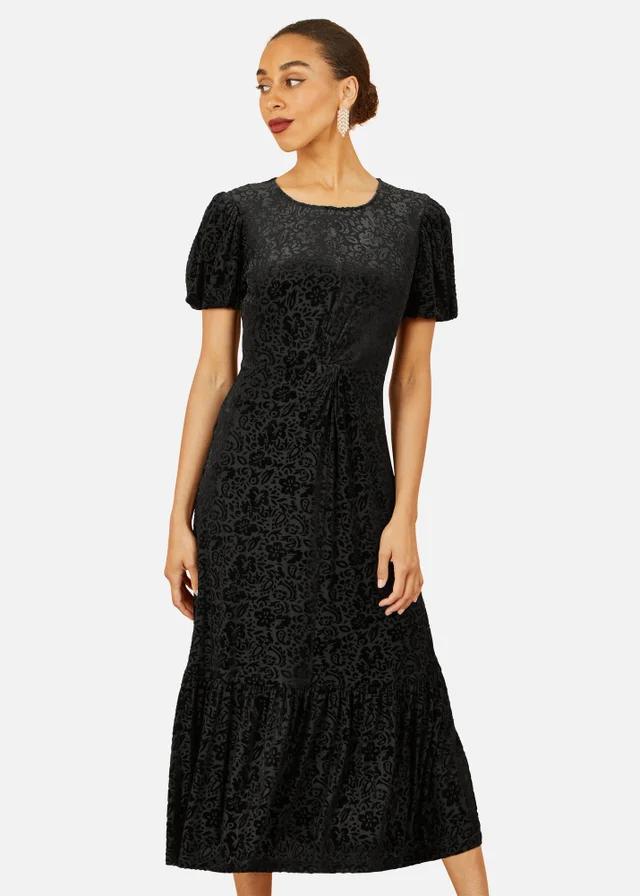 Yumi Black Floral Velour Velvet Twist Waist Midi Dress