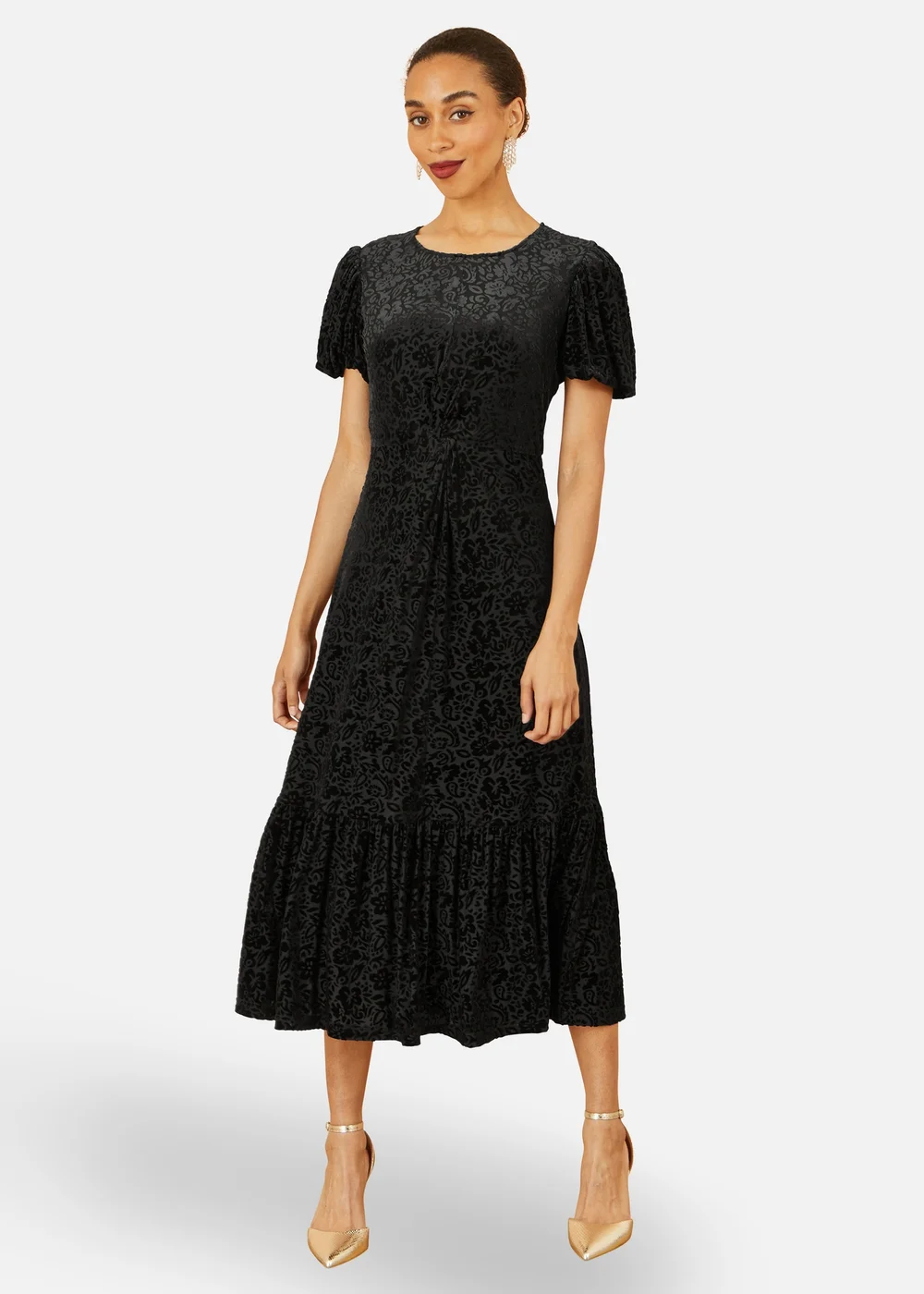 Yumi Black Floral Velour Velvet Twist Waist Midi Dress - 14 Image 2