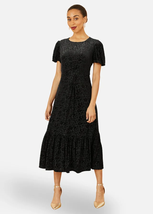 Yumi Black Floral Velour Velvet Twist Waist Midi Dress