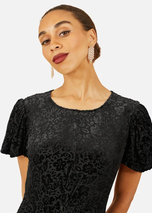 Yumi Black Floral Velour Velvet Twist Waist Midi Dress - 14 Image 3