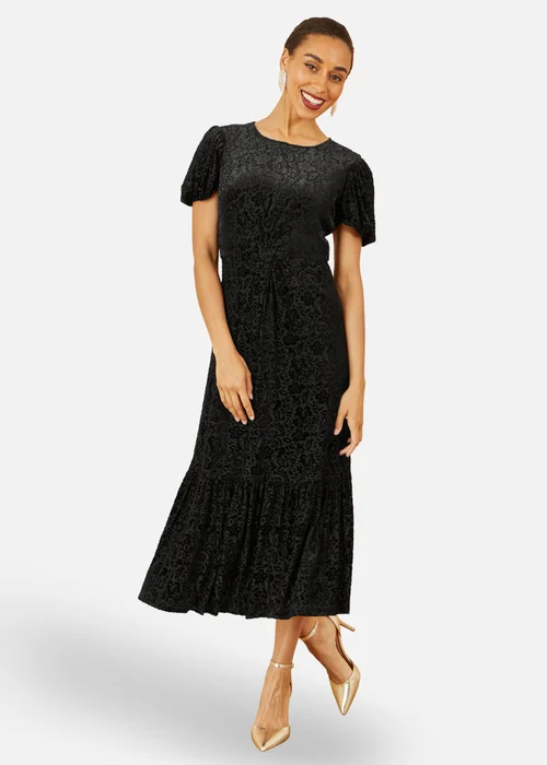 Yumi Black Floral Velour Velvet Twist Waist Midi Dress - 14 Image 4