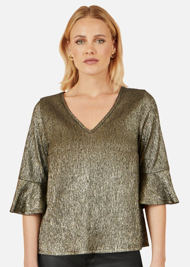 Yumi Gold Stretch Top With Fluted Sleeves