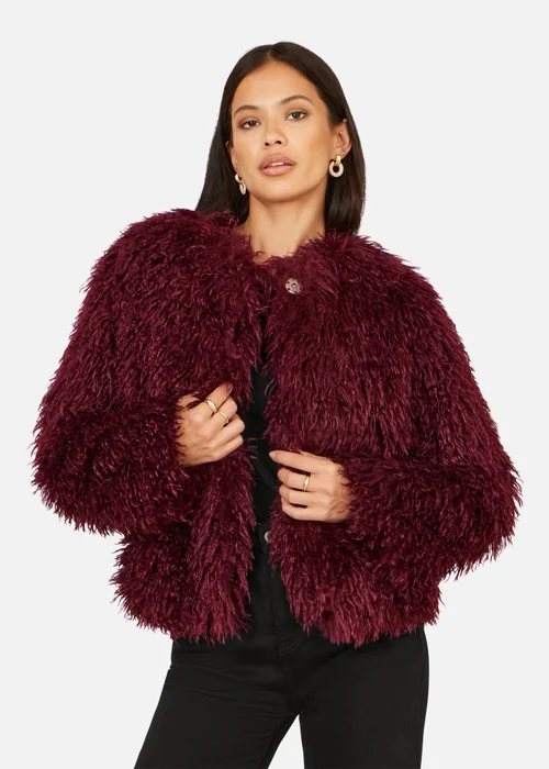 Yumi Burgundy Luxe Fluffy Faux Fur Coat - 8 Image 4