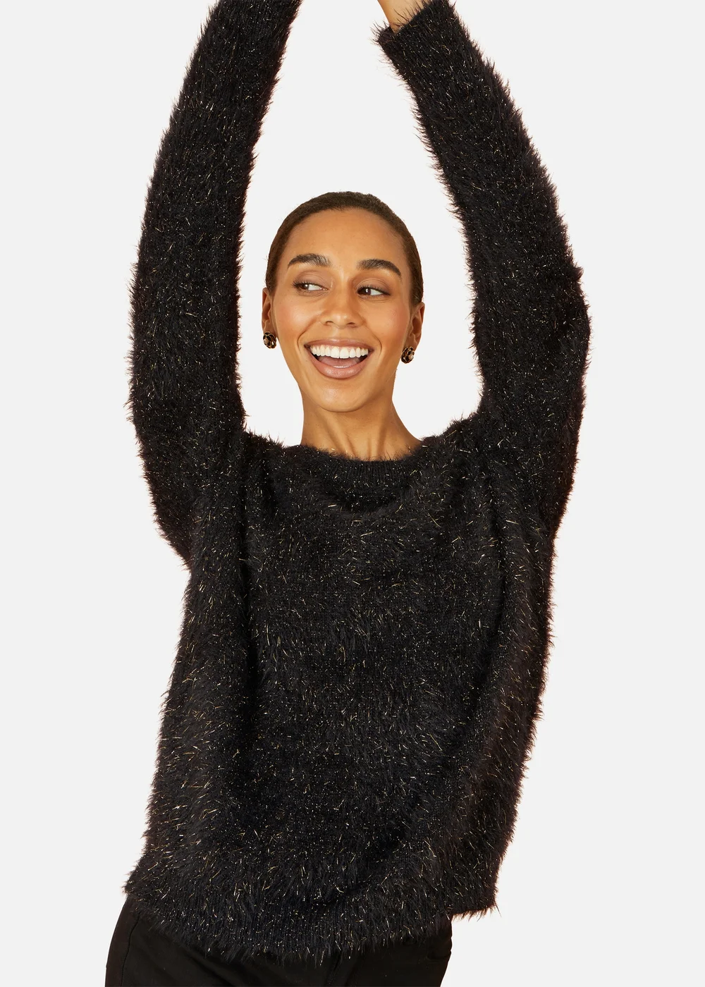 Yumi Black Metallic Fluffy Eyelash Relaxed Jumper - Small Image 2