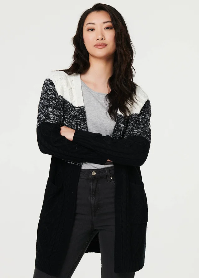 Izabel London Grey Colour Block Textured Longline Cardigan