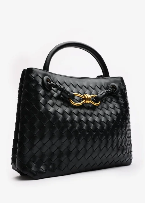 Where's That From Luna Black Woven PU Tote Bag Gold Detail - One Size Image 5
