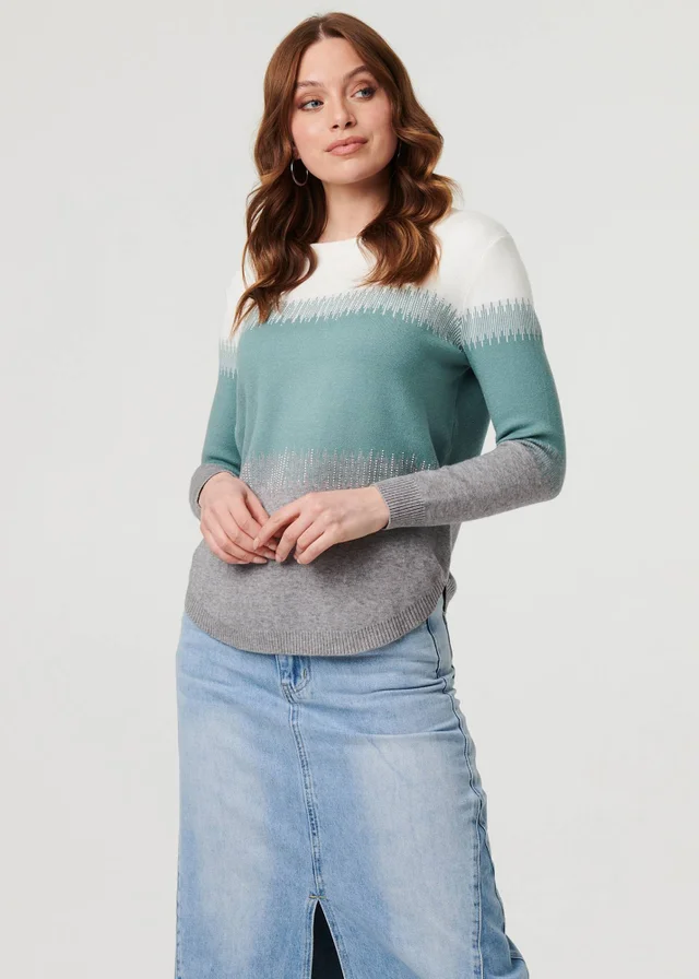 Izabel London Green Sparkly Colour Block Curve Hem Jumper