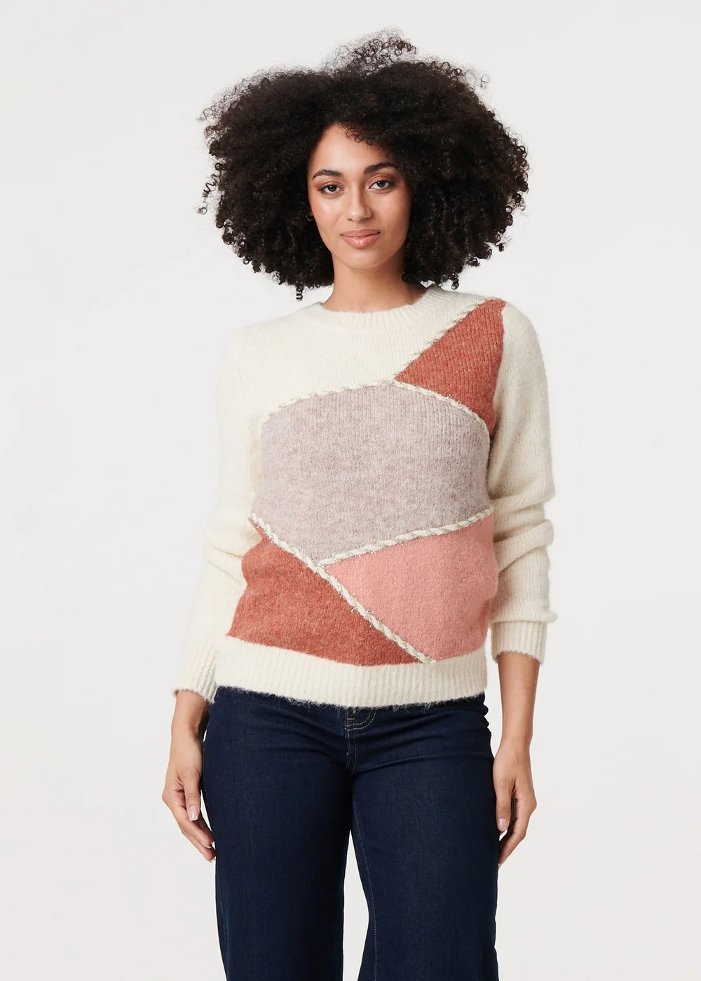 Izabel London White Asymmetric Colour Block Knitted Jumper - Size 12 Image 1