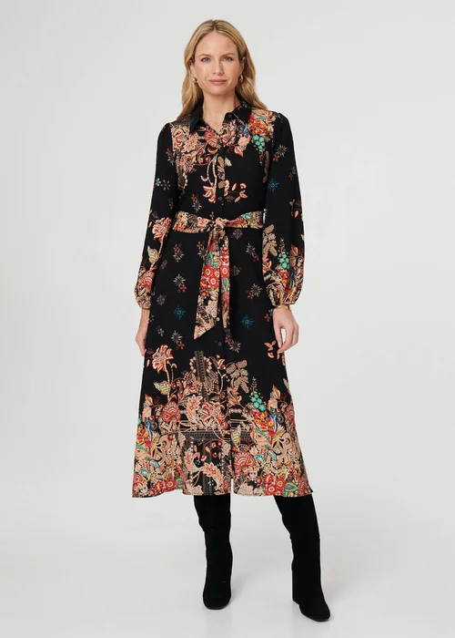 Izabel London Black Floral Tie Waist Maxi Shirt Dress - 8 Image 1