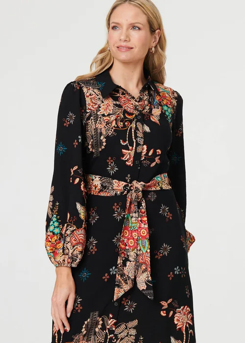 Izabel London Black Floral Tie Waist Maxi Shirt Dress - 8 Image 4