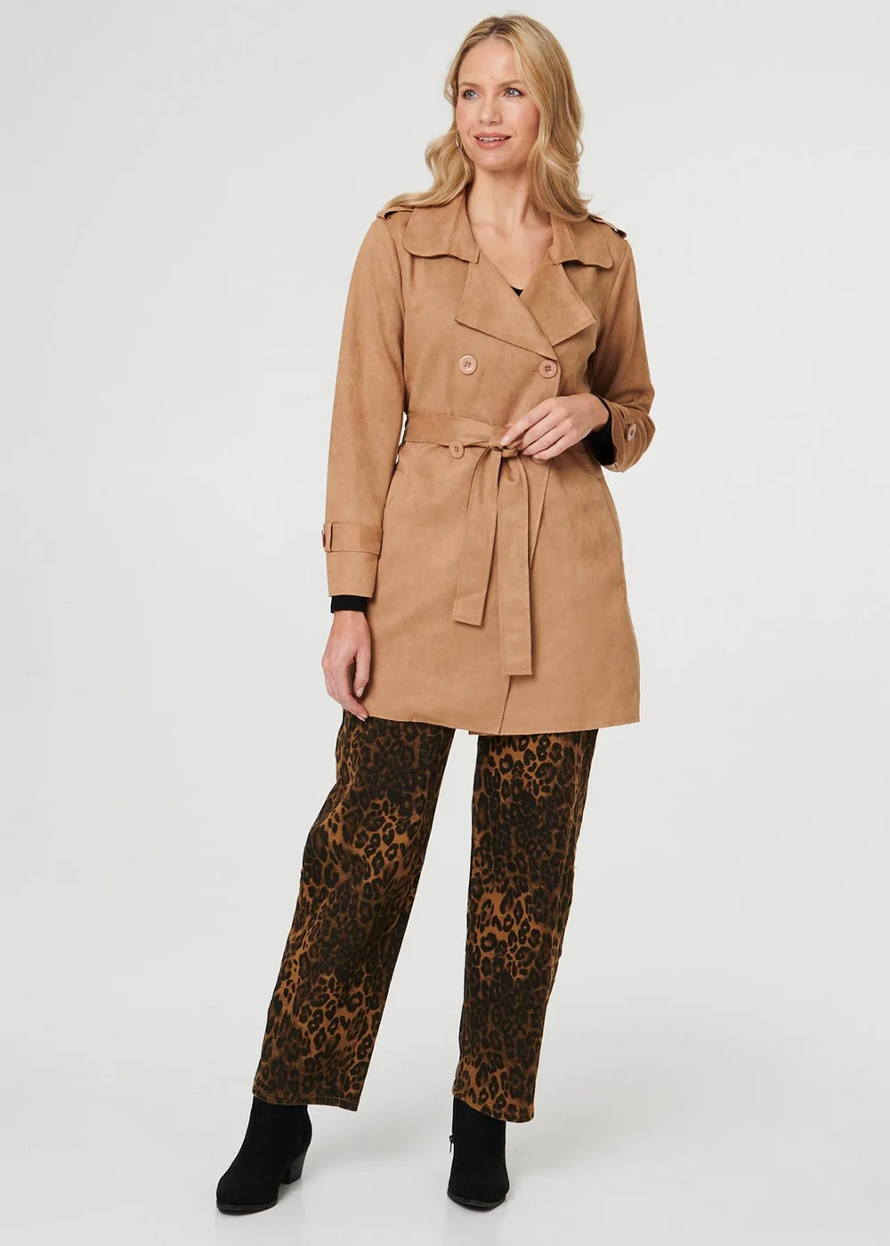 Izabel London Beige Faux Suede Double Breasted Trench Coat - 8 Image 4