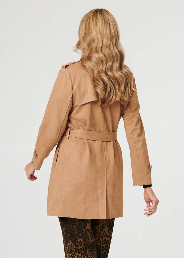 Izabel London Beige Faux Suede Double Breasted Trench Coat
