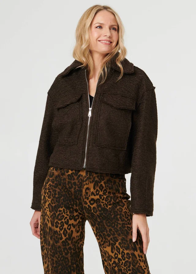 Izabel London Brown Collared Pocket Front Cropped Jacket