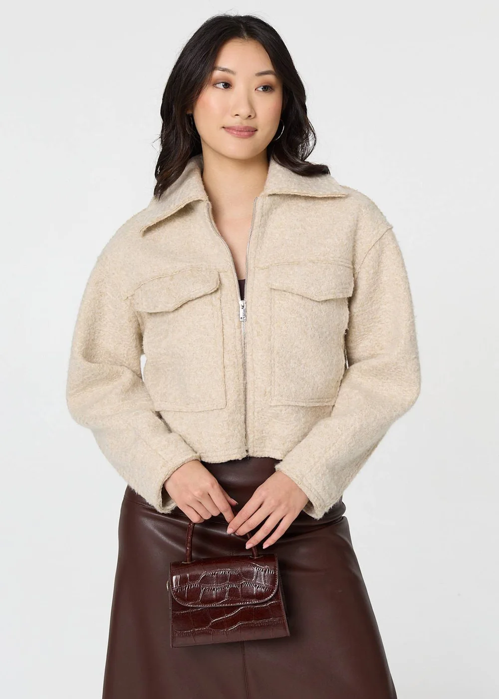Izabel London Beige Collared Pocket Front Cropped Jacket - L Image 1