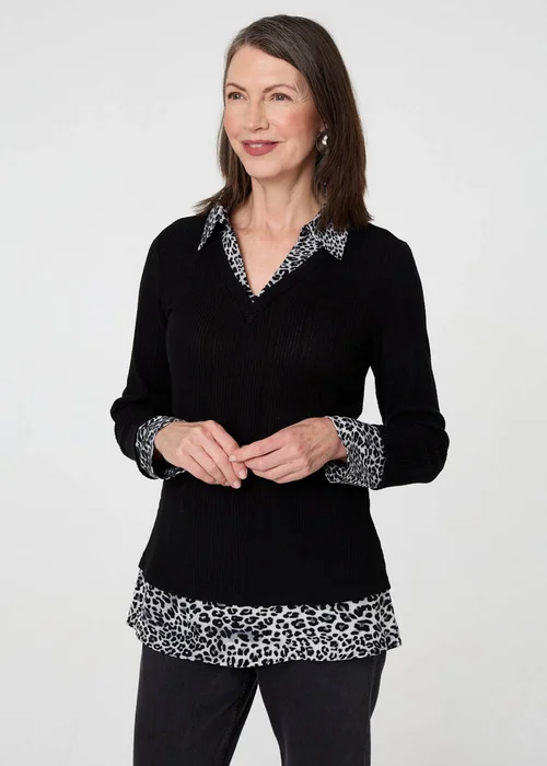 Izabel London Black Animal Print Layered Shirt Jumper Top - 12 Image 1