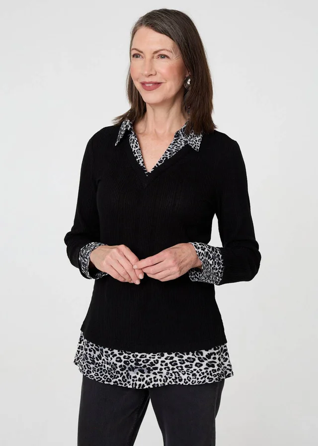 Izabel London Black Animal Print Layered Shirt Jumper Top