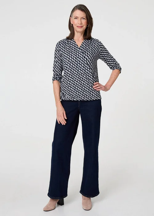 Izabel London Navy Chevron Print 3/4 Sleeve Wrap Front Top - 10 Image 4