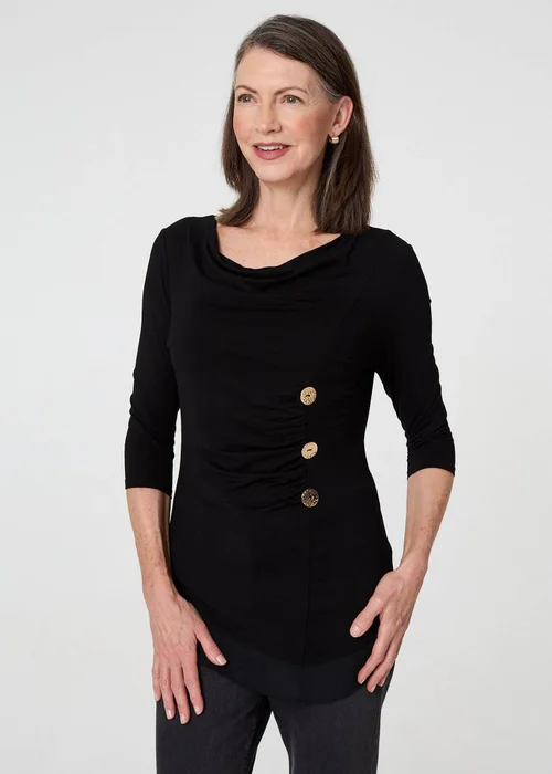 Izabel London Black Button Detail Ruched 3/4 Sleeve Top - 10 Image 1