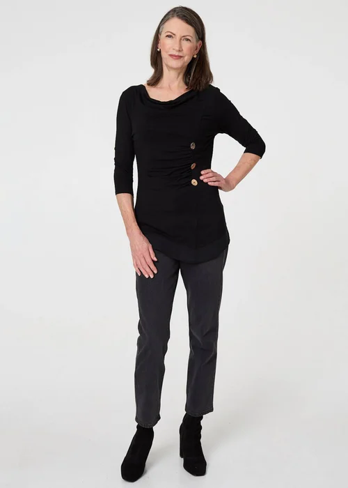 Izabel London Black Button Detail Ruched 3/4 Sleeve Top - 10 Image 4