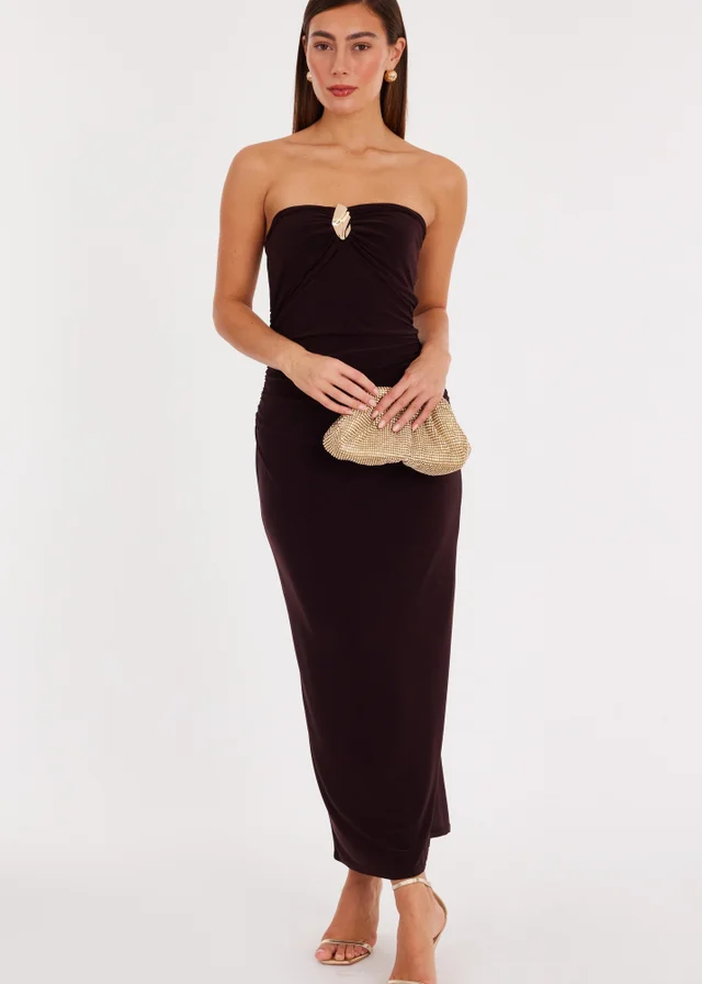 Quiz Brown Bandeau Ruched Midaxi Dress
