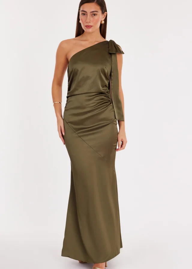Quiz Green Satin Bow Shoulder Midaxi Dress