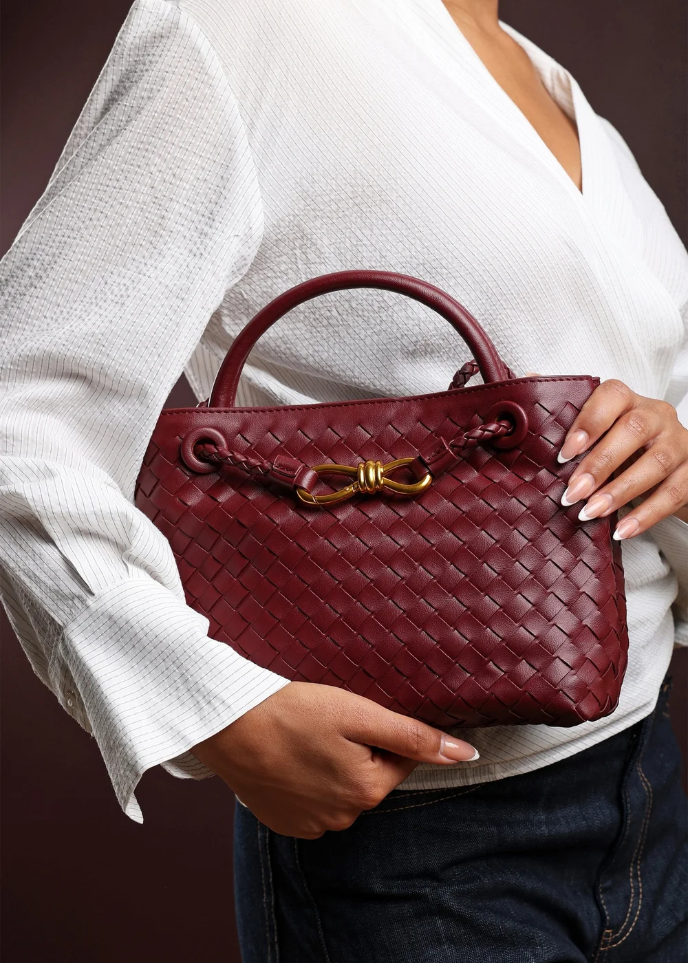 Where's That From Luna Maroon Woven PU Tote Bag Gold Detail - One Size Image 1