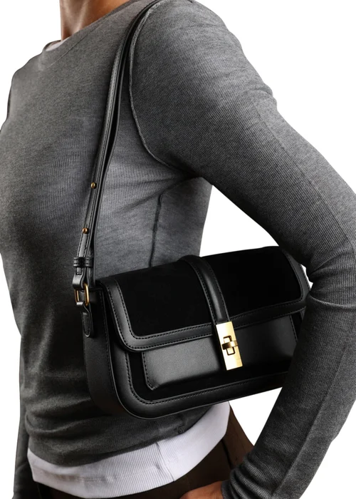 Where's That From Womens Coral Black Faux Suede Structured Shoulder Bag with Gold Lock - One Size Image 6