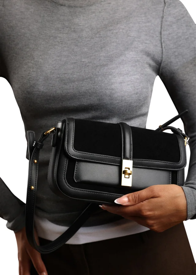 Where’s That From Coral Black Suede Shoulder Bag With Lock