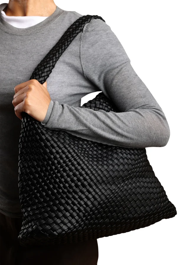 Where’s That From Stone Black PU Weave Shoulder Bag