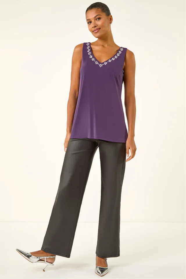 Roman Purple Embellished V-Neck Stretch Vest Top