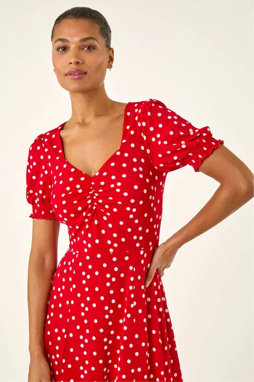 Roman Red Spotted Sweetheart Stretch Midi Dress - 20 Image 4