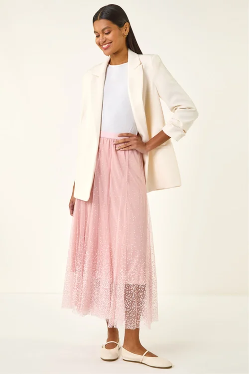 Roman Light Pink Polka Dot Print Elasticated Mesh Skirt - 20 Image 3