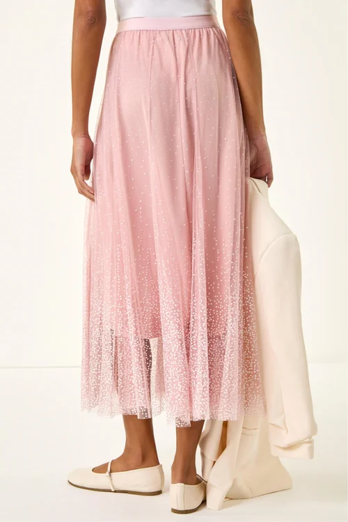 Roman Light Pink Polka Dot Print Elasticated Mesh Skirt - 20 Image 4