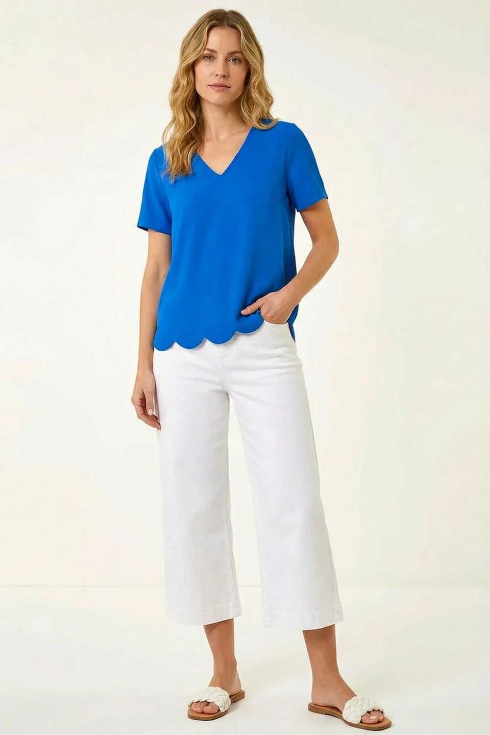 Roman Royal Blue Scalloped Hem V-Neck T-Shirt - 16 Image 2