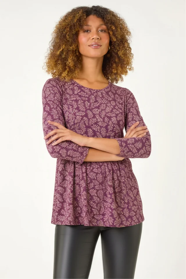 Roman Purple Leaf Print Gathered Tunic Top
