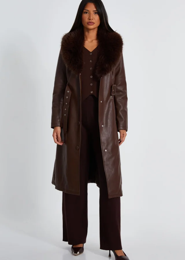 Quiz Brown Faux Leather Trench Coat