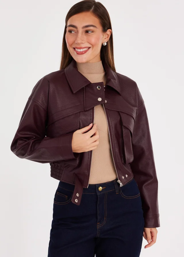 Quiz Burgundy Faux Leather Cropped Bomber Jacket