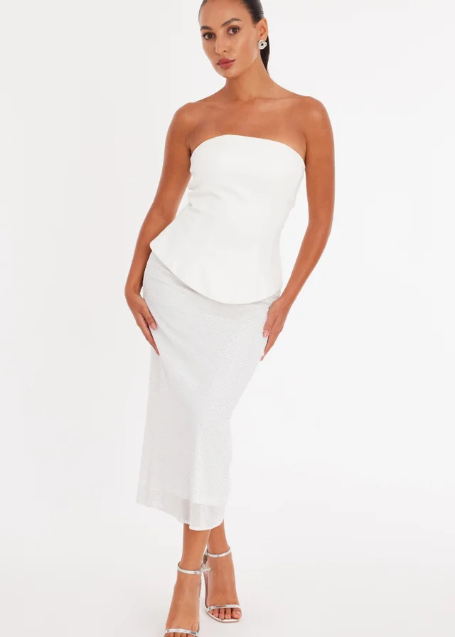 Quiz White Petite Glitter Mesh Bandeau Midaxi Dress