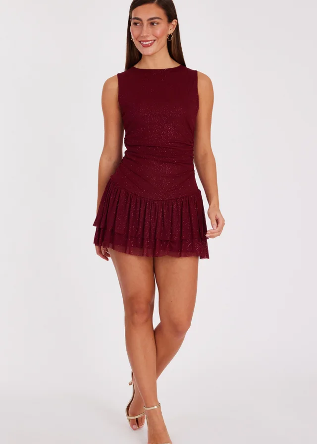 Quiz Burgundy Glitter Mesh Frill Mini Dress