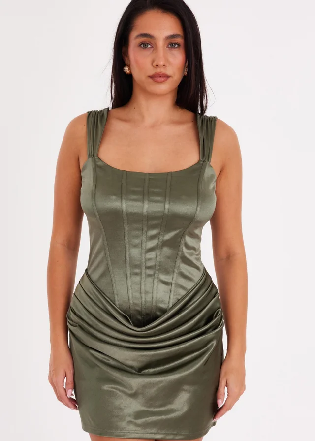 Quiz Green Satin Corset Draped Mini Dress